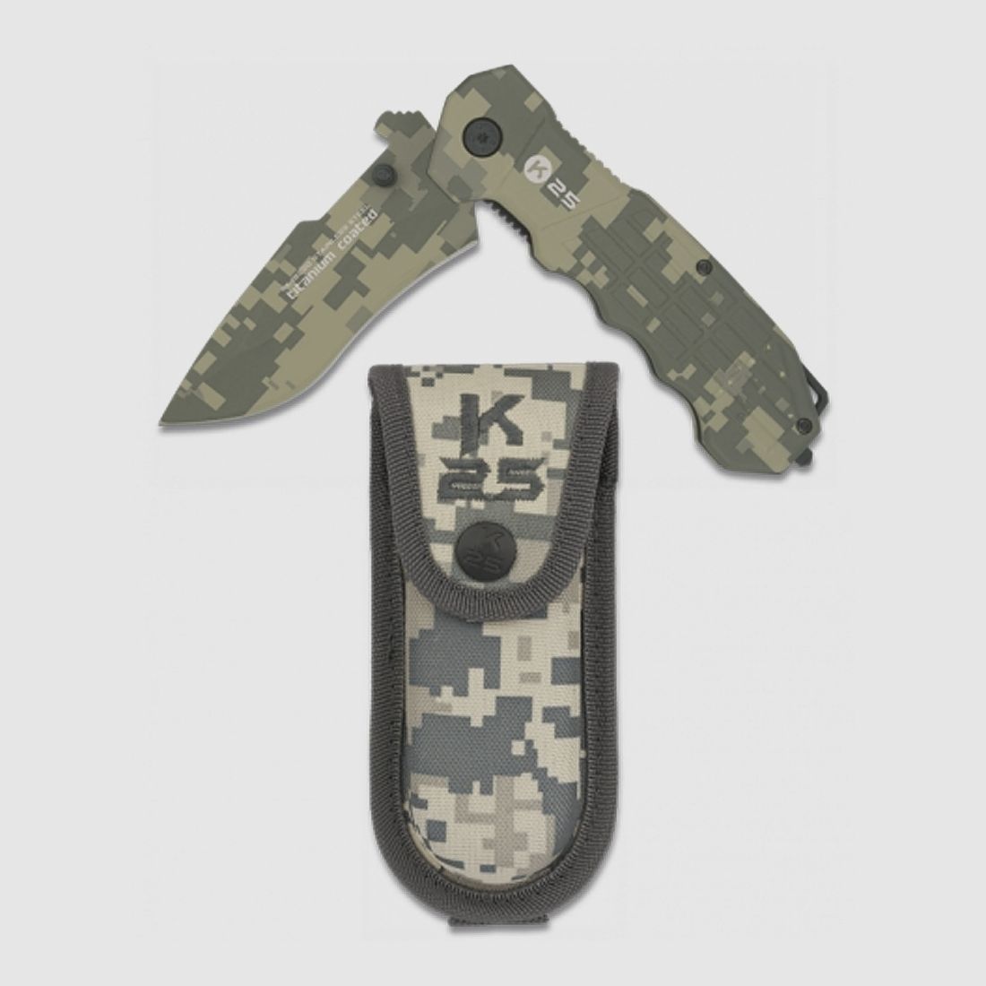 Couteau pliant K25 tactique revêtu de titane avec clip camouflage numérique