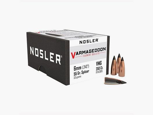 NOSLER 6MM (0.243″) 55GR FLAT BASE TIPPED 250/BOX