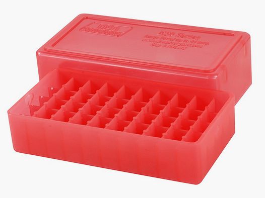 Caja de cartuchos MTM E50-45-29 roja transparente con tapa para 50 cartuchos .45 y otros.