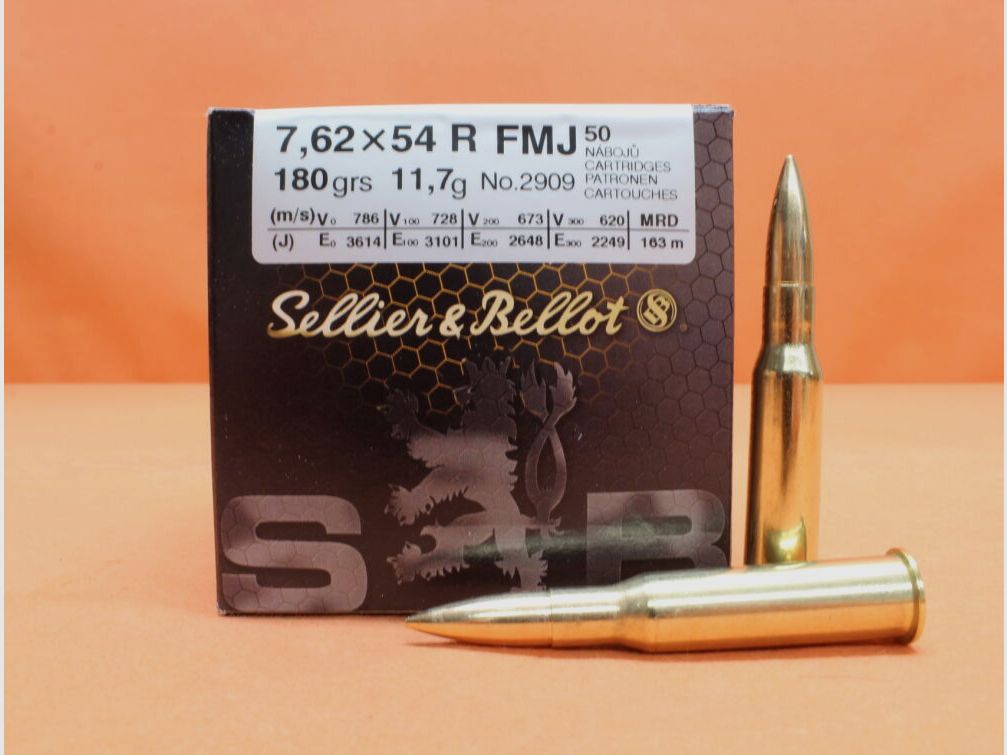 S&B Sellier & Bellot cartridges 7.62x54R S&B/ Sellier&Bellot 180grs FMJ (2909/2) box of 50 cartridges/ 11.7g full metal jacket