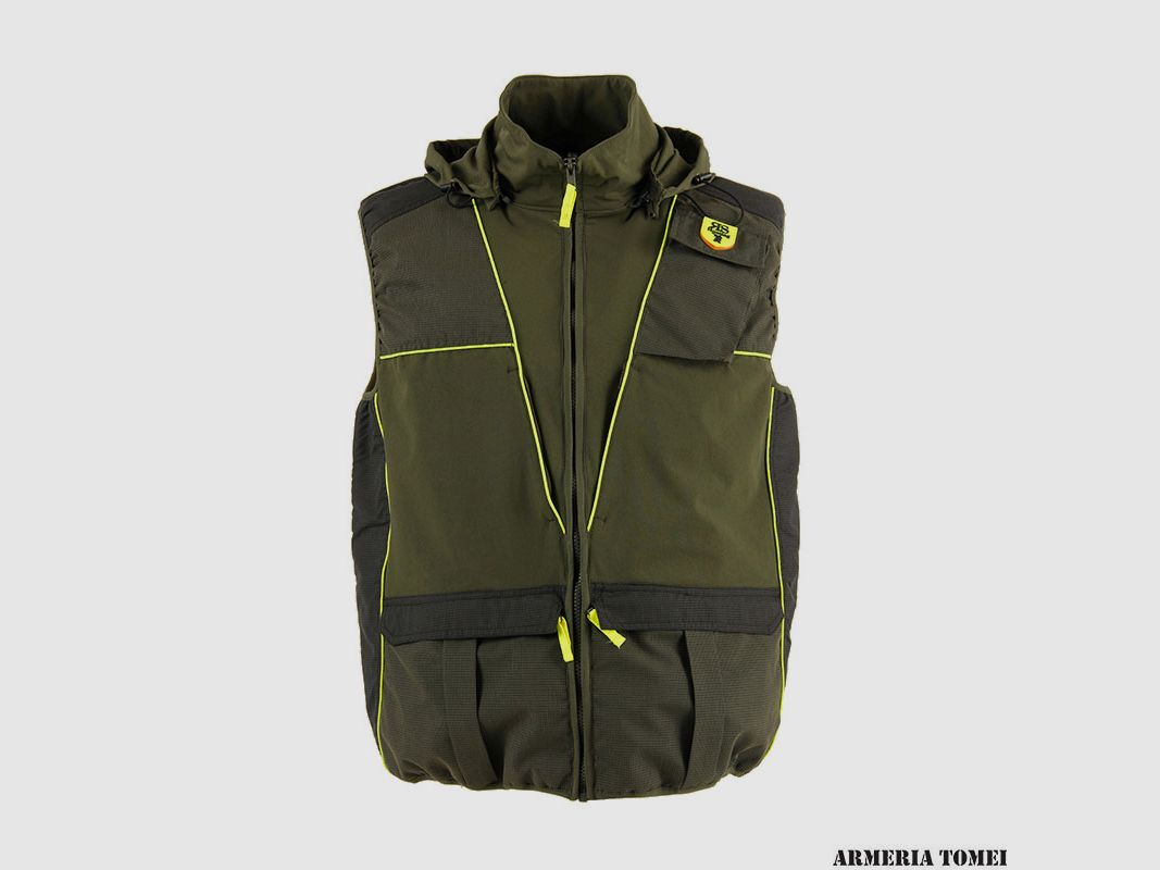GILET – RS HUNTING – LV950 GRÜN MIT GELBEM FLUORESZIERENDEN EINSÄTZEN UND KAPUZE, Bild 1 von 3