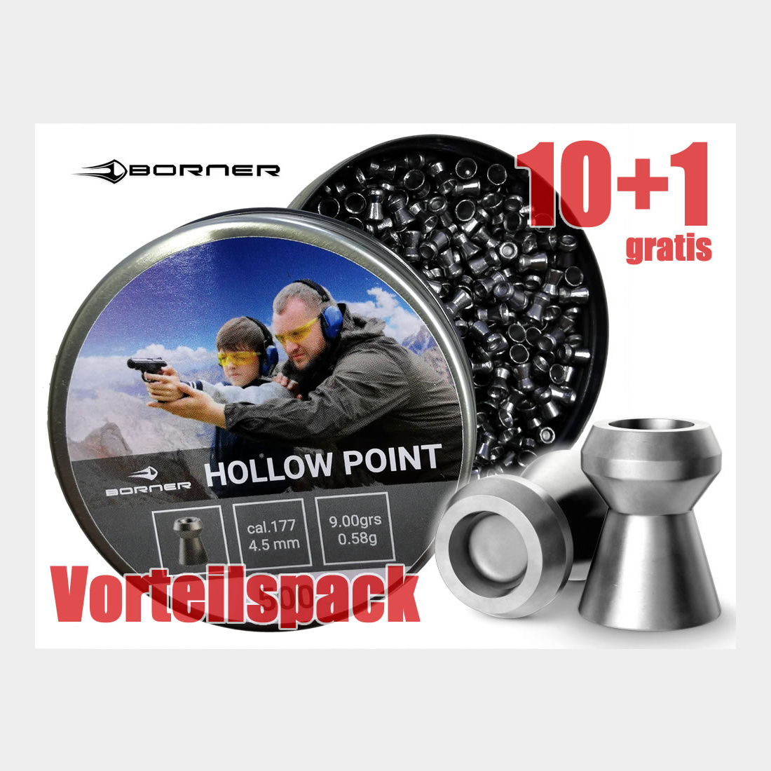 Vorteilspack 10+1 Hohlspitz Diabolos Borner Hollow Point Kaliber 4,5 mm 0,58 g glatt 11 x 500 StĂĽck