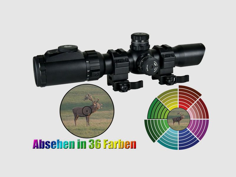 Taktisches Zielfernrohr 1-8x28 von UTG mit AO Circle Dot, Absehen in 36 Farben, inkl 11mm und 22mm Montage