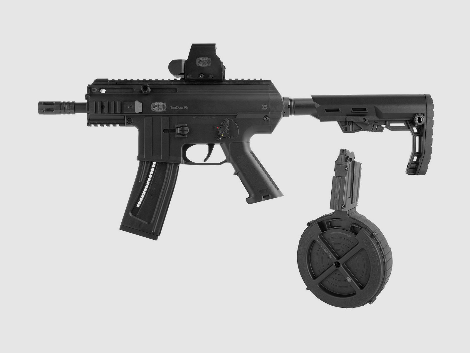 Pistole Mauser TacOps cal. 22l.r. mit Trommelmagazin und Mauser Red Dot