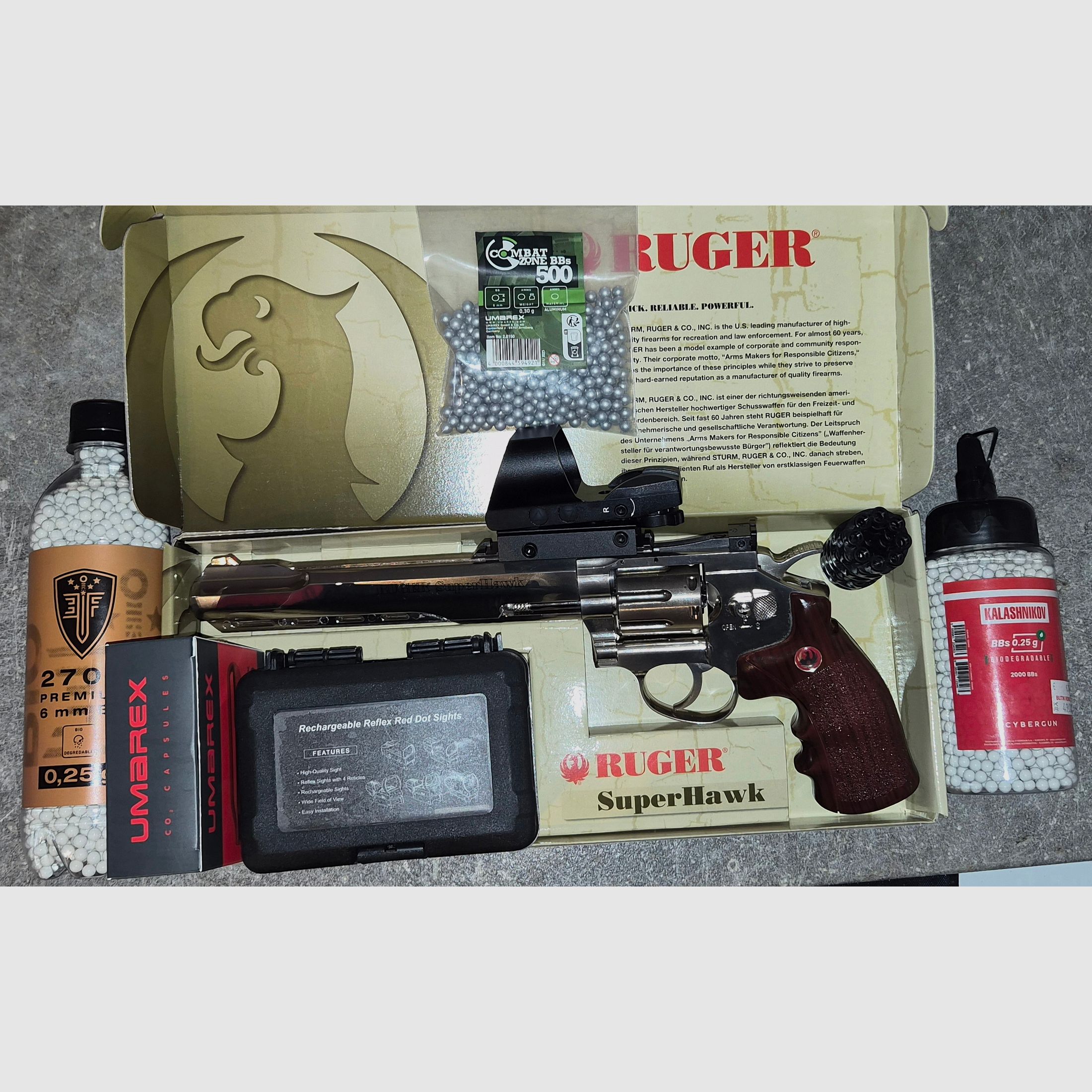 Ruger SuperHawk 8" 6 mm, CO₂, < 4,0 J, Chrome-Finish inkl. Red Dot Visier und Zubehör