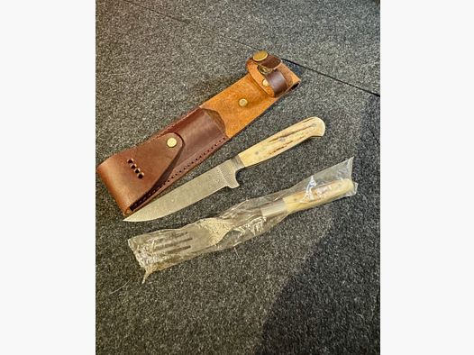 Jagdmesser, Gabel Set, Gürtelmesser, Hirschhorn, Jagd und Outdoor, Damastlook 71