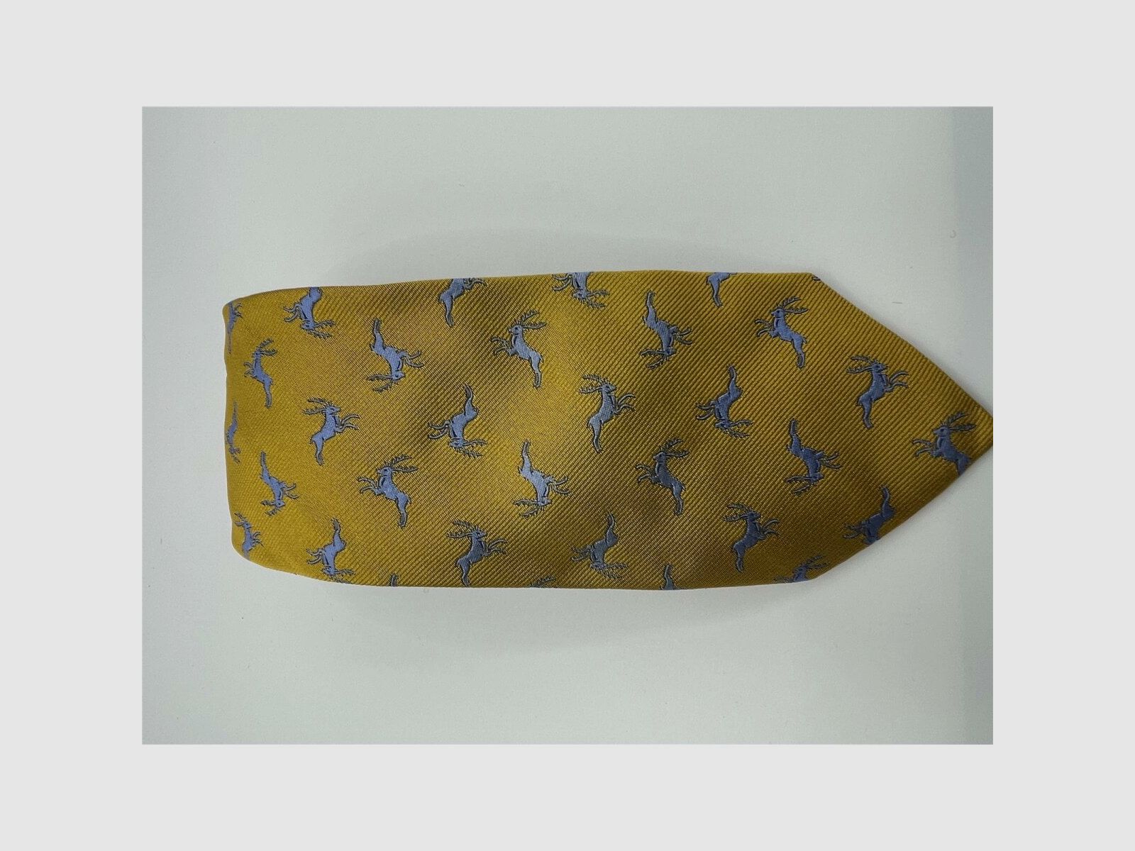 Robert Keyte Krawat 100% jedwab złoty kolor wzór jasnoniebieski jeleń