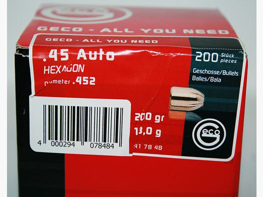 200 Stück NEUE GECO Geschosse .45 ACP Auto .452 - 200grs / 13g HEXAGON > für TOP Präzision #2417848