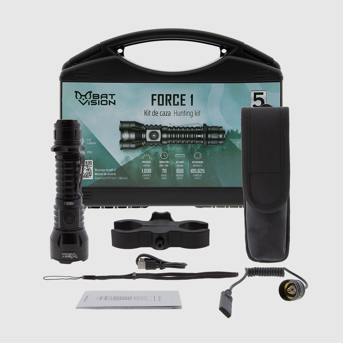 Torcia LED FORCE ONE 1.000 lumen con kit da caccia B-Vision, immagine 1 di 5