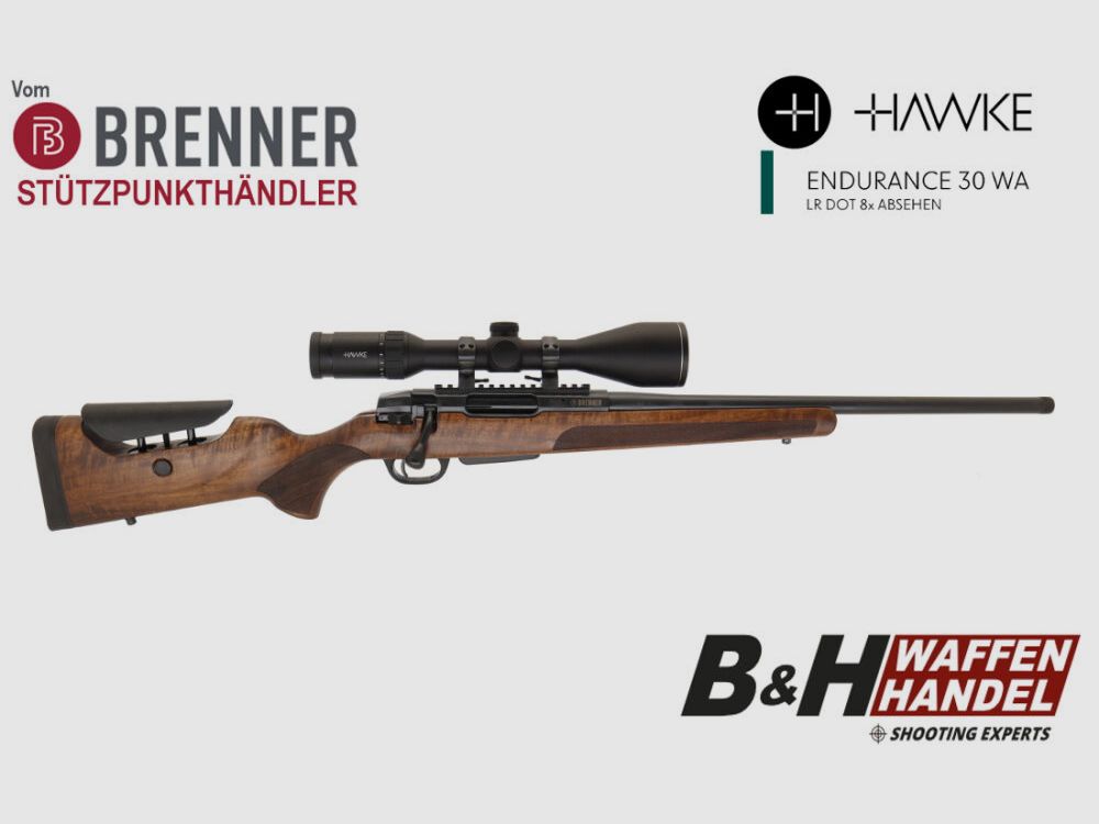 Brenner Komplettpaket: BR20 L.E. (Nussbaum, verstellbarer Schaftrücken) mit Hawke Endurance 3-12x56