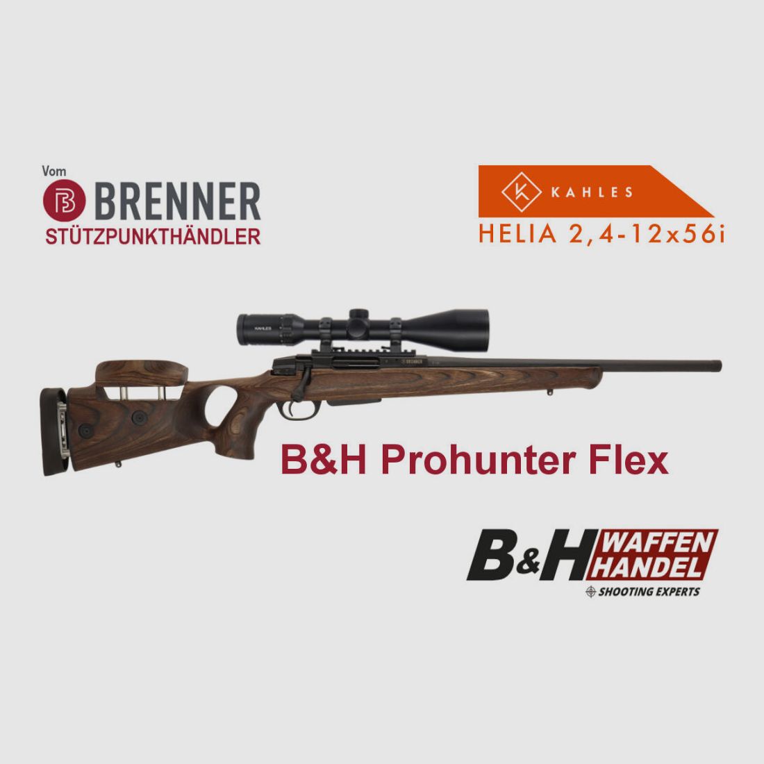 Brenner Komplettpaket: BR20 B&H Prohunter Flex Lochschaft mit doppelter Verstellung inkl. Kahles Helia 2.4-12x56i fertig montiert Jagd Repetierer