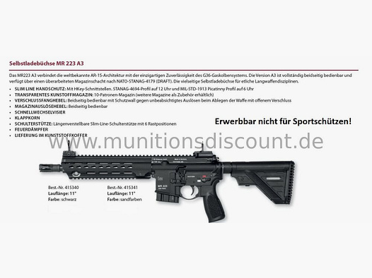 Heckler & Koch MR 223 A3, Slim Line, Canne da 11 pollici nere