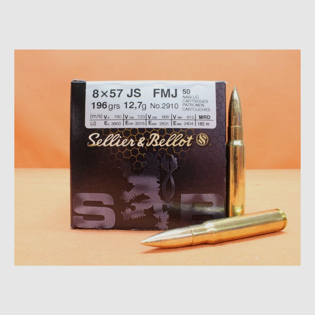 S&B Sellier & Bellot cartridges 8x57JS S&B/ Sellier&Bellot 196grs FMJ (2910/3) box of 50 cartridges/ 12.7g full metal jacket