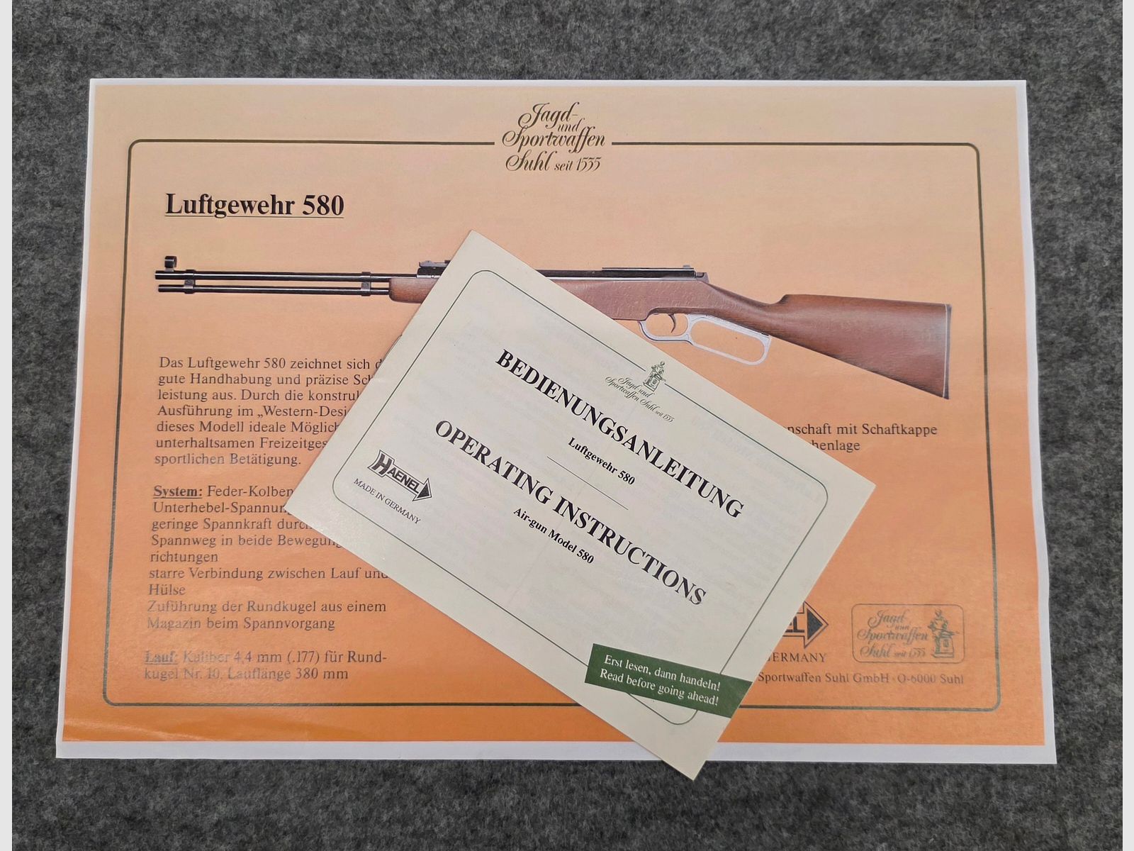 Mit Werbeblatt & Bedienungsanleitung !!! Seltenes aus Suhl Unterhebel Western Luftgewehr Haenel Mod. 580 im sehr guten Zustand