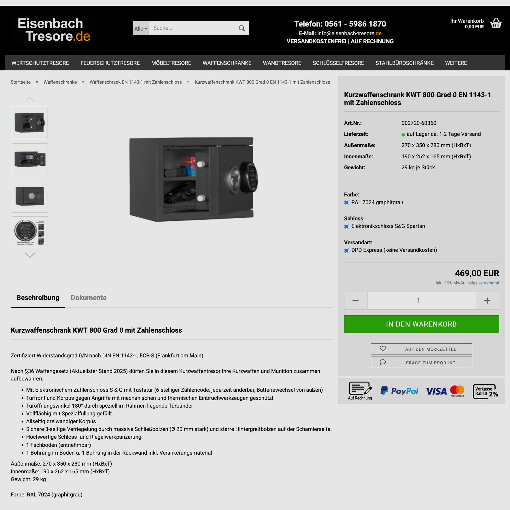 Zahlen Schloss KWT 800 Waffenschrank Kurzwaffenschrank EN 1143-1