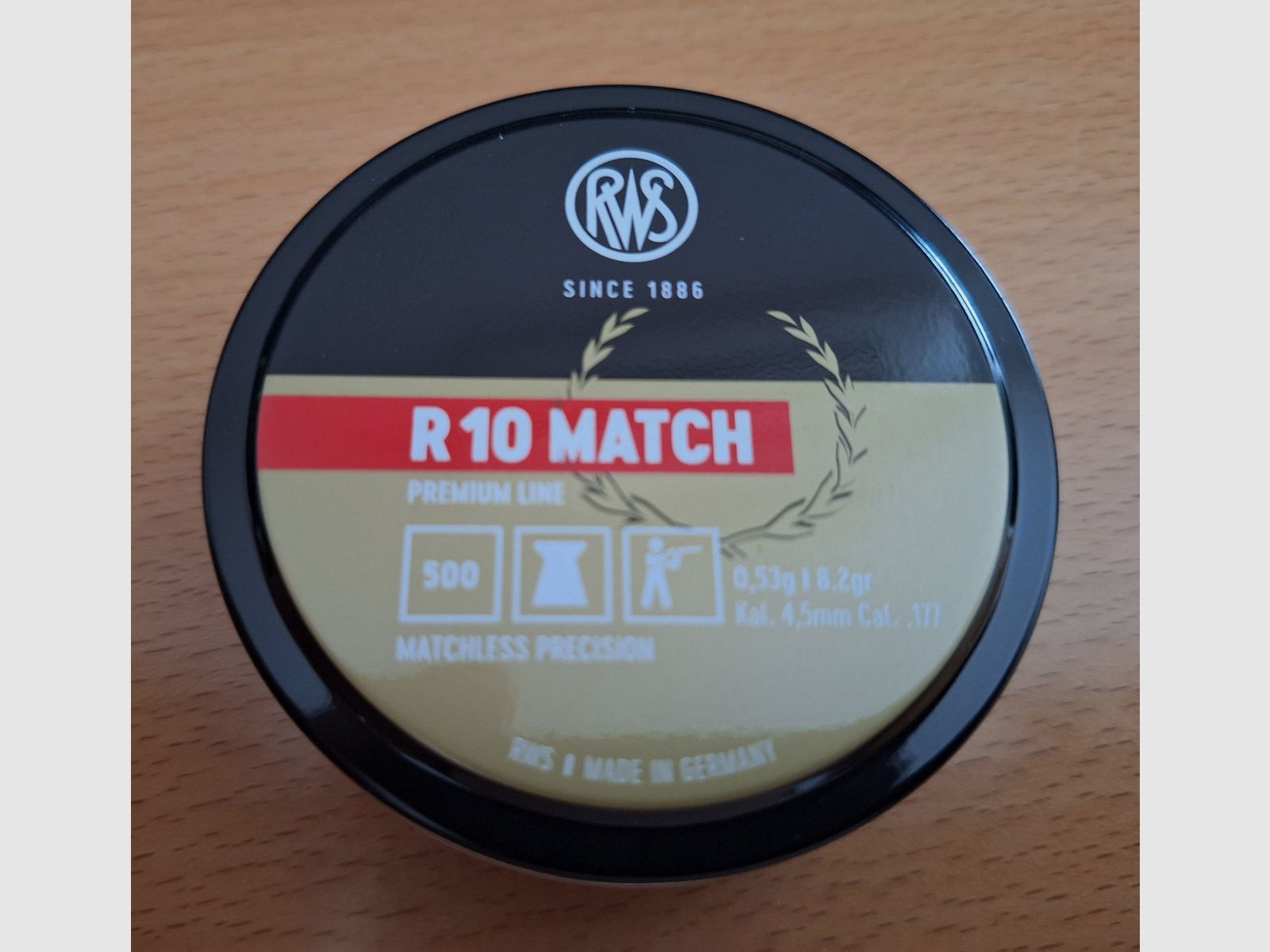 7 Stück Versiegelte Dosen a. 500 Stück RWS R 10 MATCH Premium Line 0,53 g 8,2gr Ø 4,50  Charge Nummer: 94314.