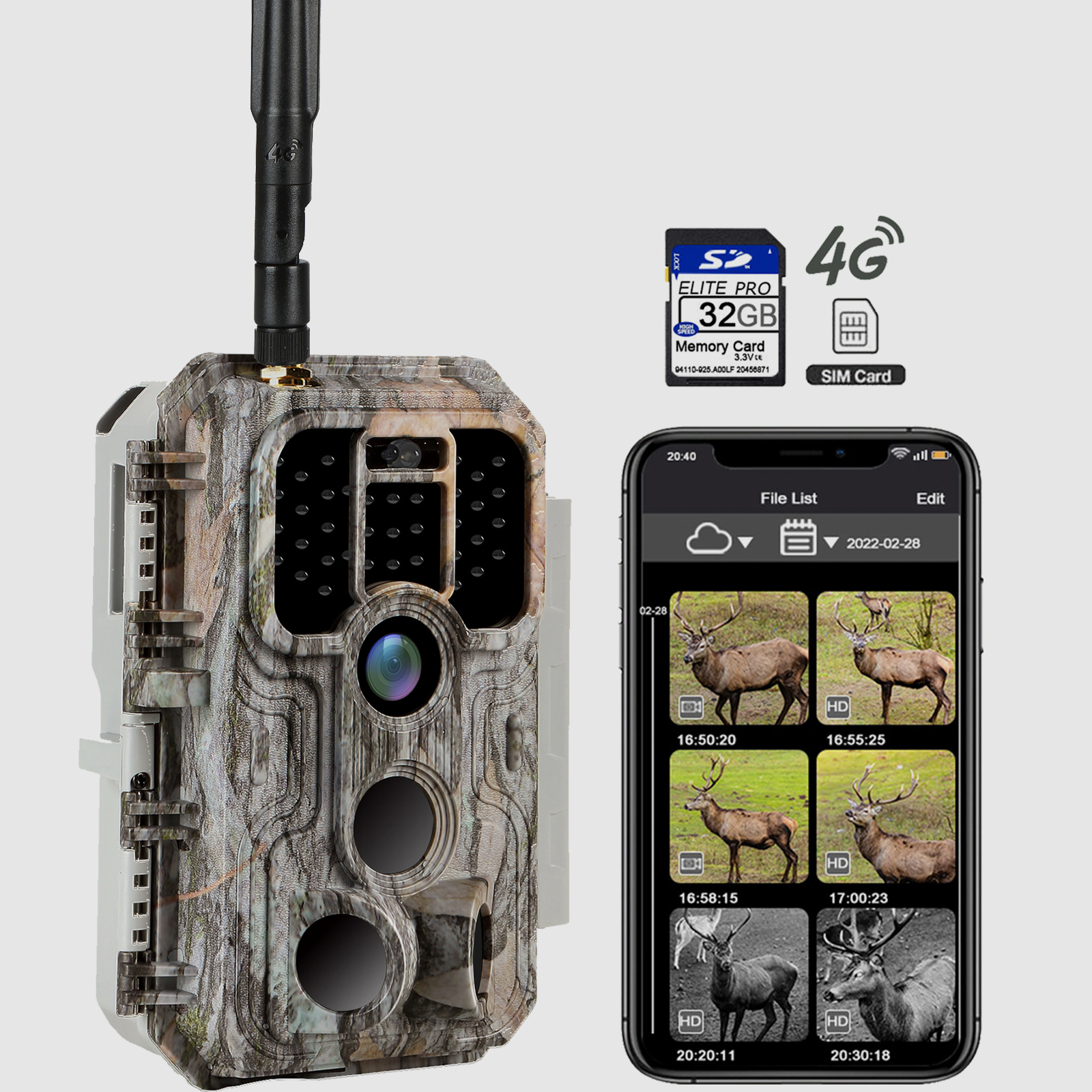 4G LTE Wildkamera Fotofalle Wildtierkamera mit SIM-Karte 120° Bewegungserkennung 32MP 1296P Nachtsicht IP66 wasserdicht und 32GB SD Karte A390G