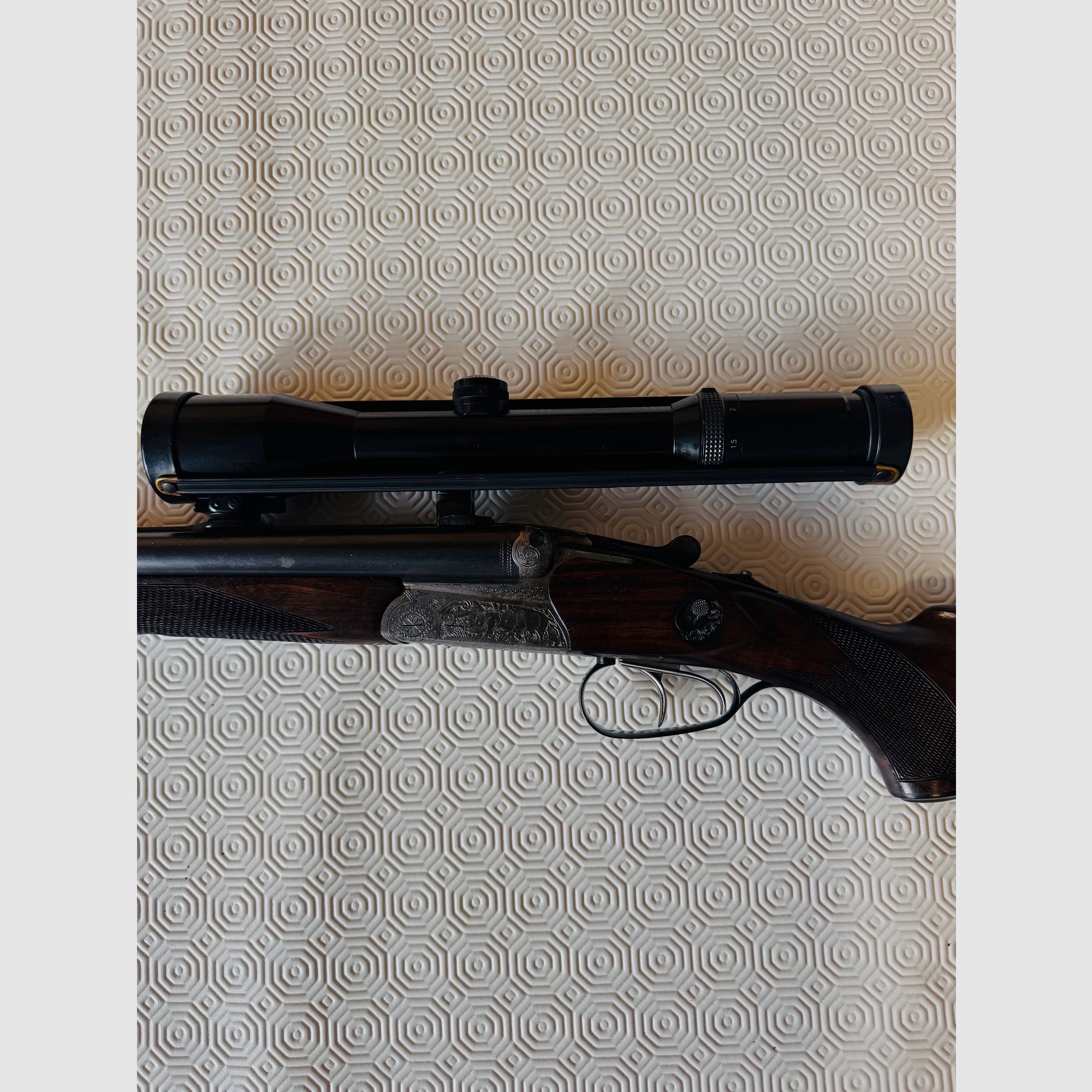 Drilling Simson Modell 30 – 7×65 R / 16/70 – mit montiertem Einstecklauf .22 Magnum (WMR) – Swarovski Habicht 1,5–6×42, Absehen 1 – Suhler Einhakmontage