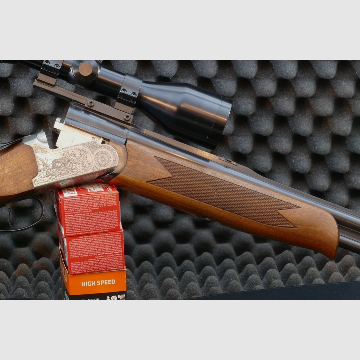 Bockbüchsflinte, Kettner, Ital. Fertigung, Kaliber 9,3x74R und 12/70.