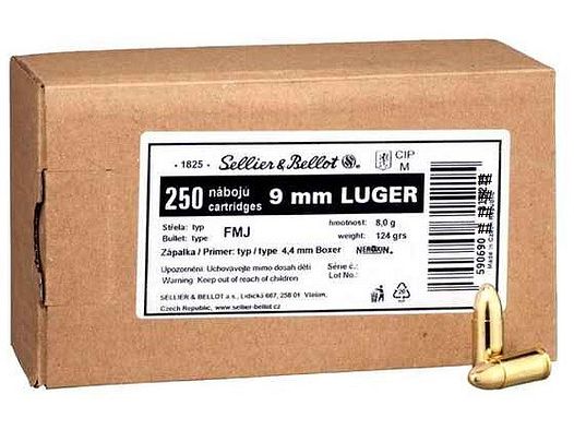 Sellier & Bellot, S&B 9mm Luger FMJ 8,0g/124grs. Schüttpackung *250 Schuss*