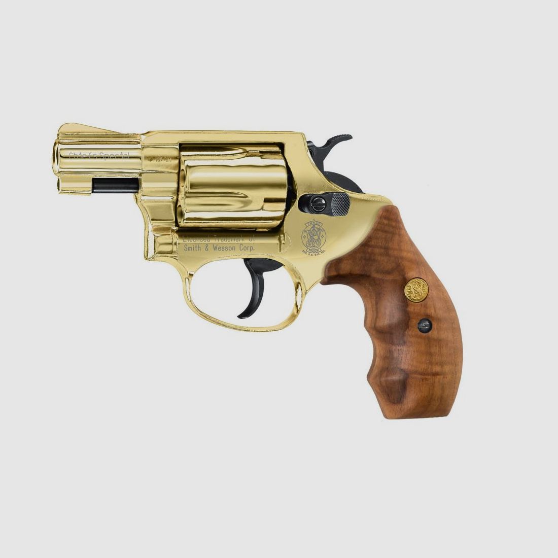 Smith & Wesson Chiefs Special 9 mm R.K., 24 Karat vergoldet, Holzgriffschalen