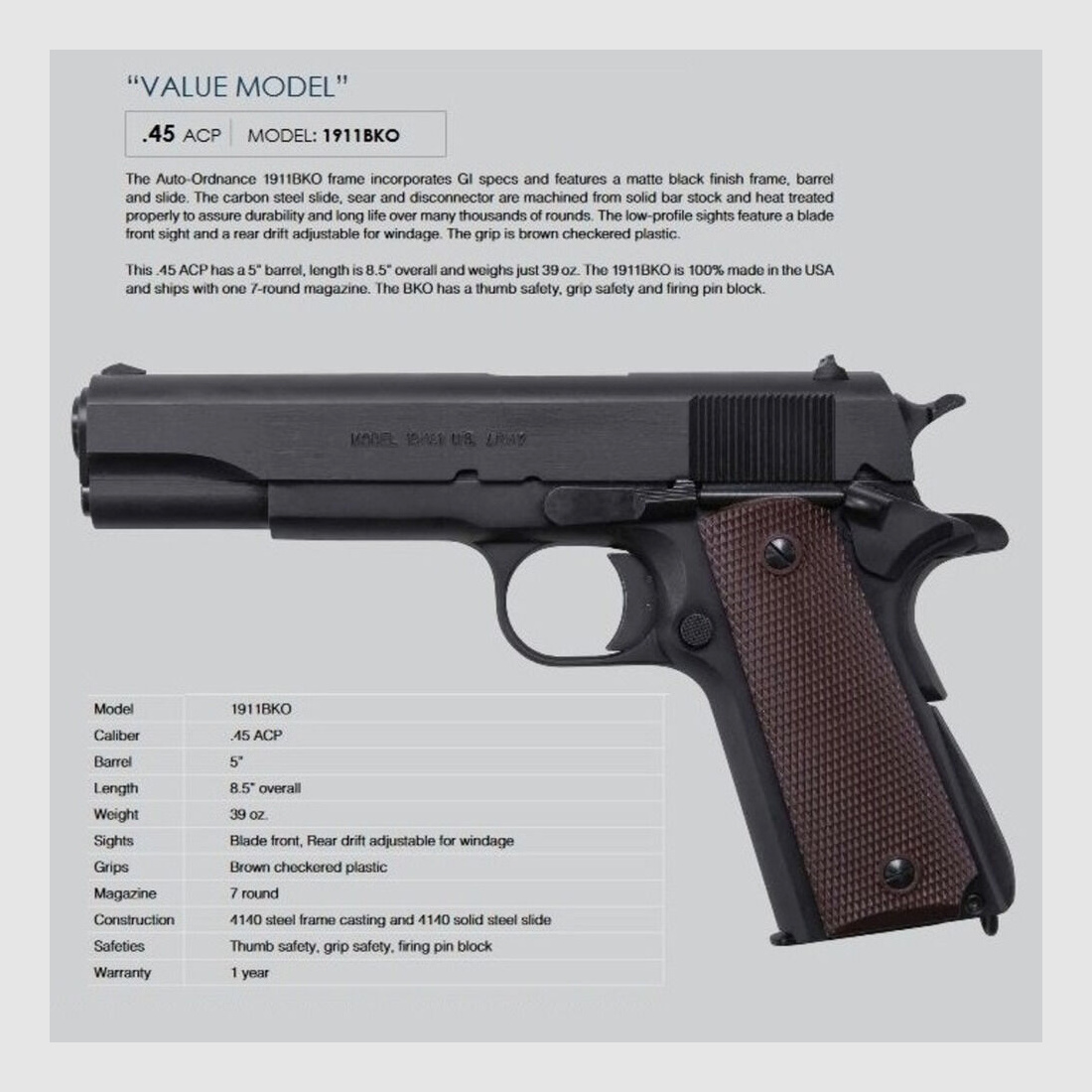 Auto-Ordnance 1911A1 GI Specs 5" (5 pouces) .45Auto