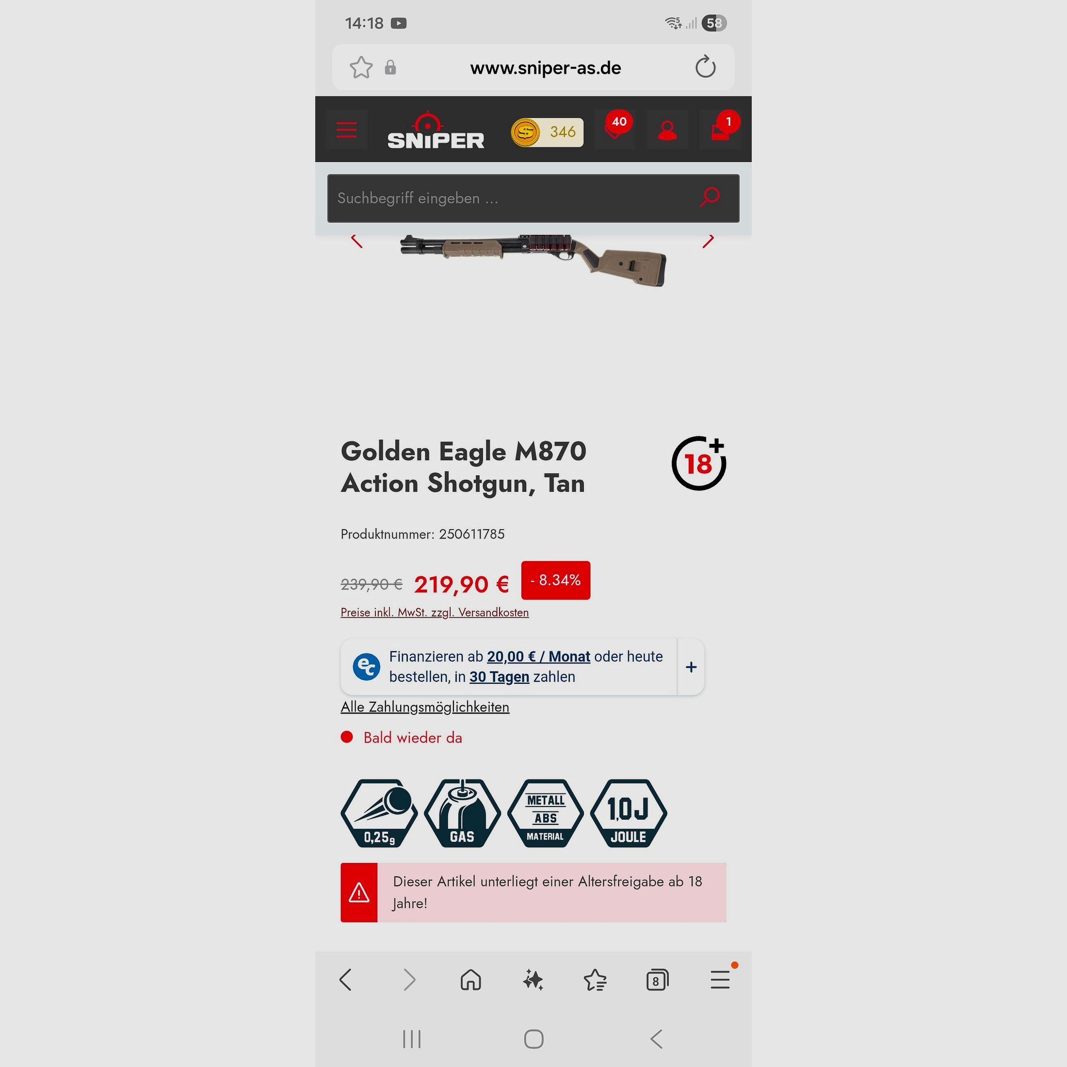 Golden Eagle M870 Schrotflinte tan Airsoft 6 mm