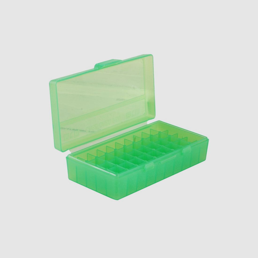 MTM cartridge box P50-45-16 green clear with flip lid for 50 cartridges .45 ACP and others.