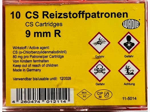 Cartouches de gaz CS 9 mm R.K. pour revolver 10 pièces.