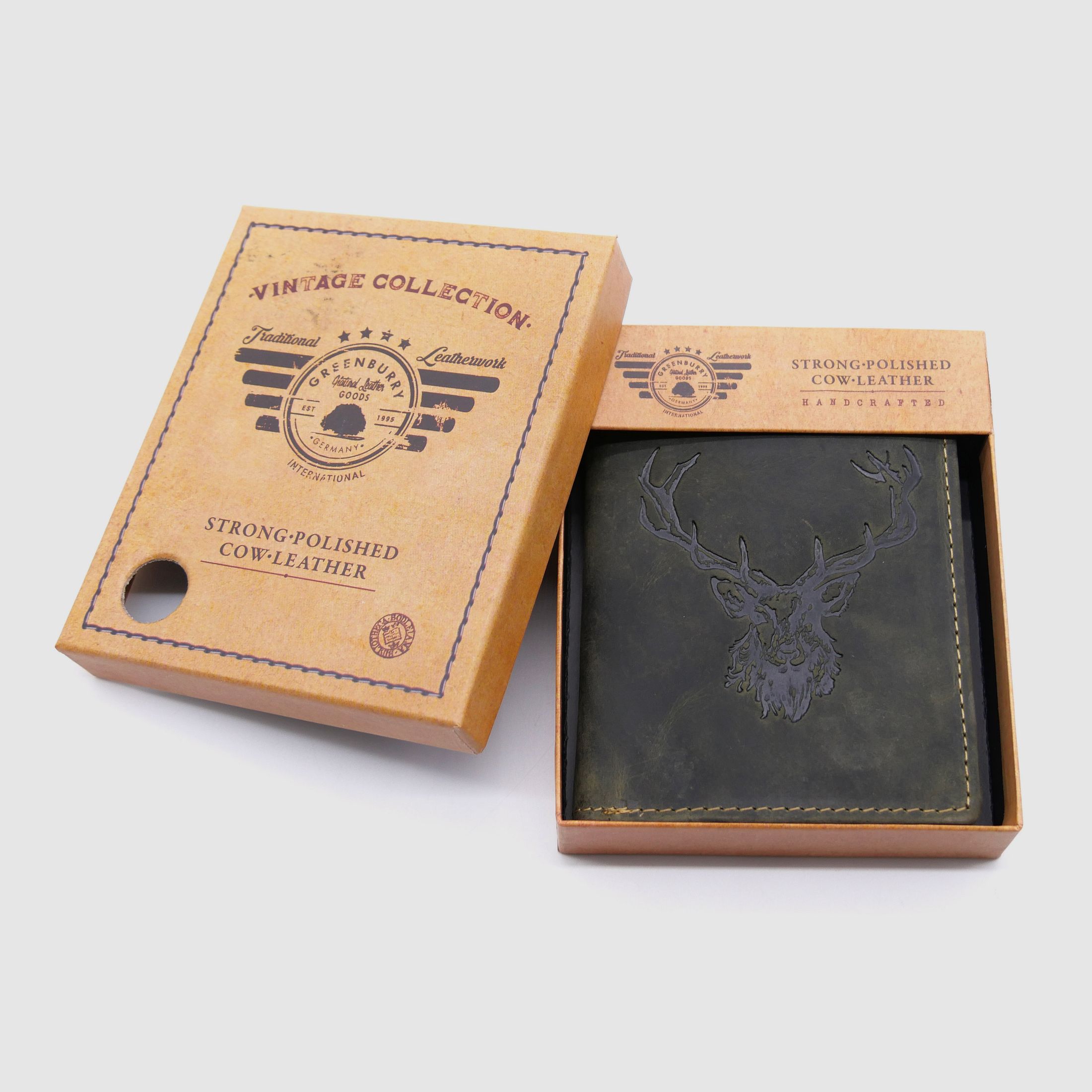 Greenburry Leder Geldbörse oliv Vintage Animal Collection Royal Stag Hirsch 1701-RS-30