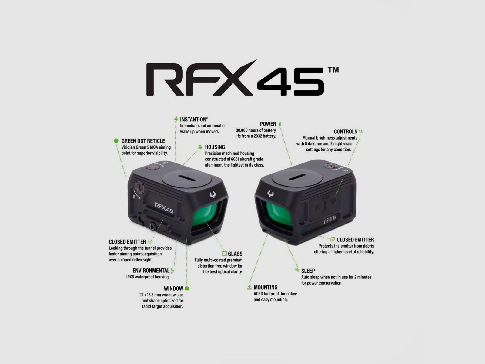 RED DOT – VIRIDIAN OPTICS – RFX45 CLOSED EMITTER GREEN DOT REFLEX SIGHT | ACRO Compatible, INSTANT-ON, includes Low Mount | 5 MOA, image 6 sur 11
