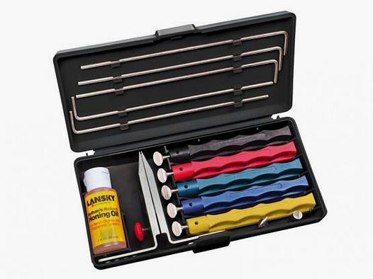 Set di affilatura Lansky, con 5 pietre di affilatura, molto grossa e molto fine, con morsetto, barre di guida, olio per affilatura, scatola di trasporto