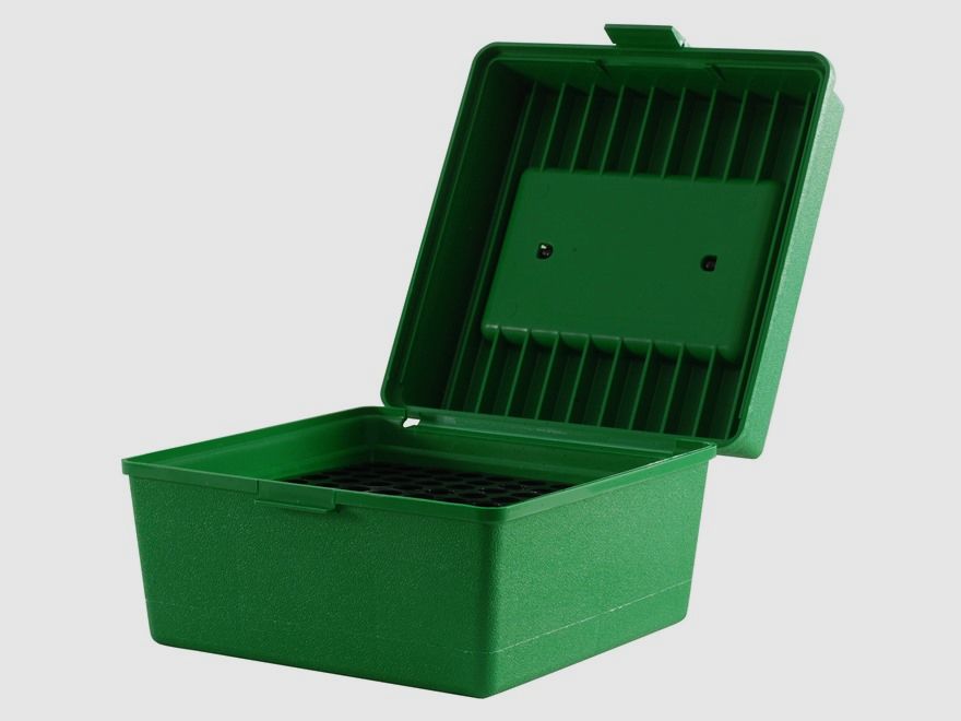MTM Deluxe scatola per cartucce R-100-10 verde con coperchio a ribalta e maniglia per 100 cartucce .22-250 e altre.