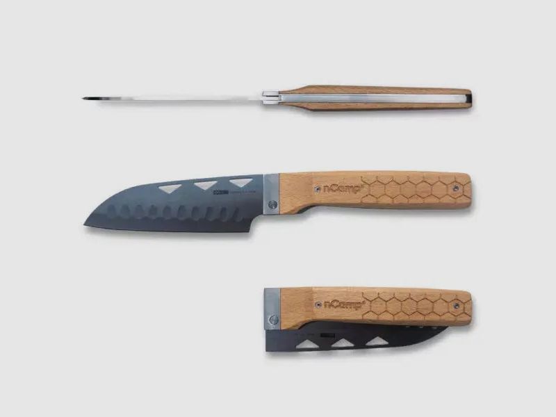 nCamp Premium Santoku-Messer für die Zubereitung von Speisen (9cr18Mov Klinge/Buchengriff) mit Nylon