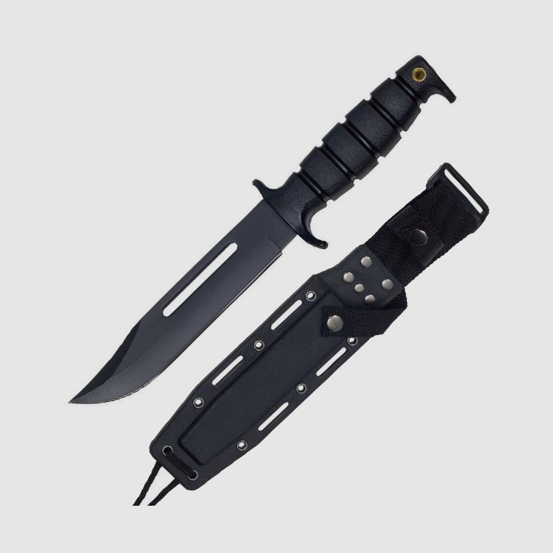 Outdoor knife with black blade and Kydex sheath