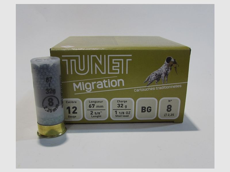 Box mit 25 Patronen Kaliber 12/67 Tunet Migration Bleischrot 8