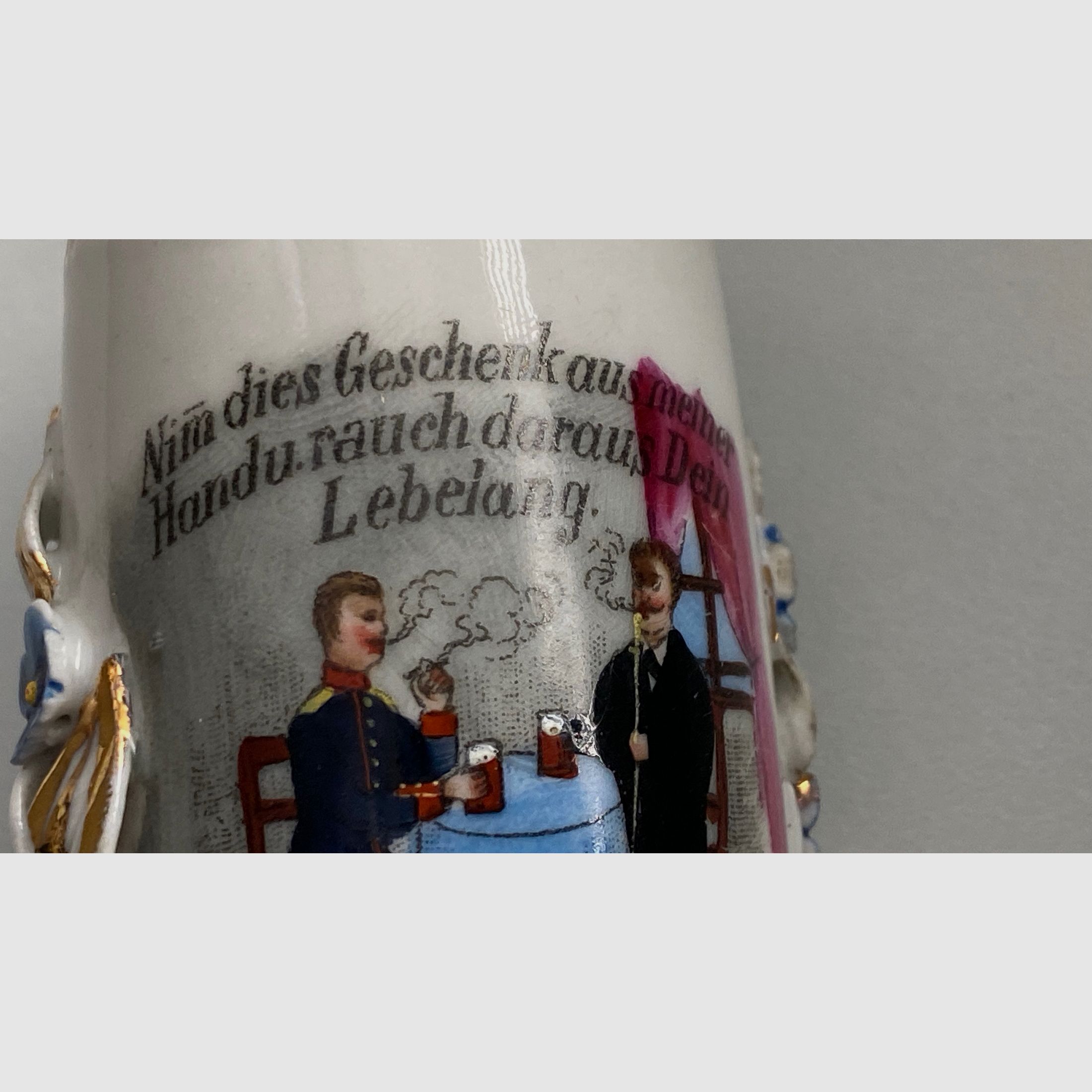 Testa di pipa e immagine di riservista, pipa da riservista, porcellana, riservisti, legno di roccia 1905