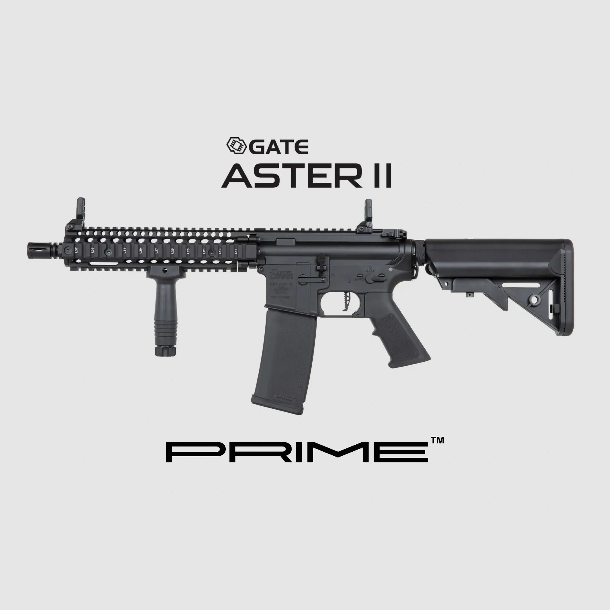 Daniel Defense® MK18 SA-P19 PRIME S-AEG mit ASTERII Bluetooth E.T.U, Dark Matter 27K Brushless Motor und Speedgears (BK)