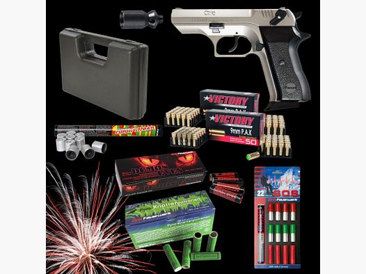 SILVESTER MEGASET !!! Schreckschuss - Pistole - RECORD Modell COP VN. - 9 mm P.A.K. inkl. Koffer, 100 Platzpatronen & 102 Schuss Effektmunition