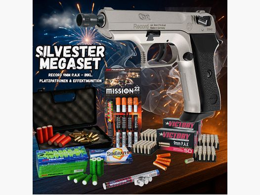SILVESTER MEGASET !!! Pistola de fogueo - Modelo RECORD COP VN. - 9 mm P.A.K. incluye maletín, 100 cartuchos de fogueo y 102 disparos de munición de efecto