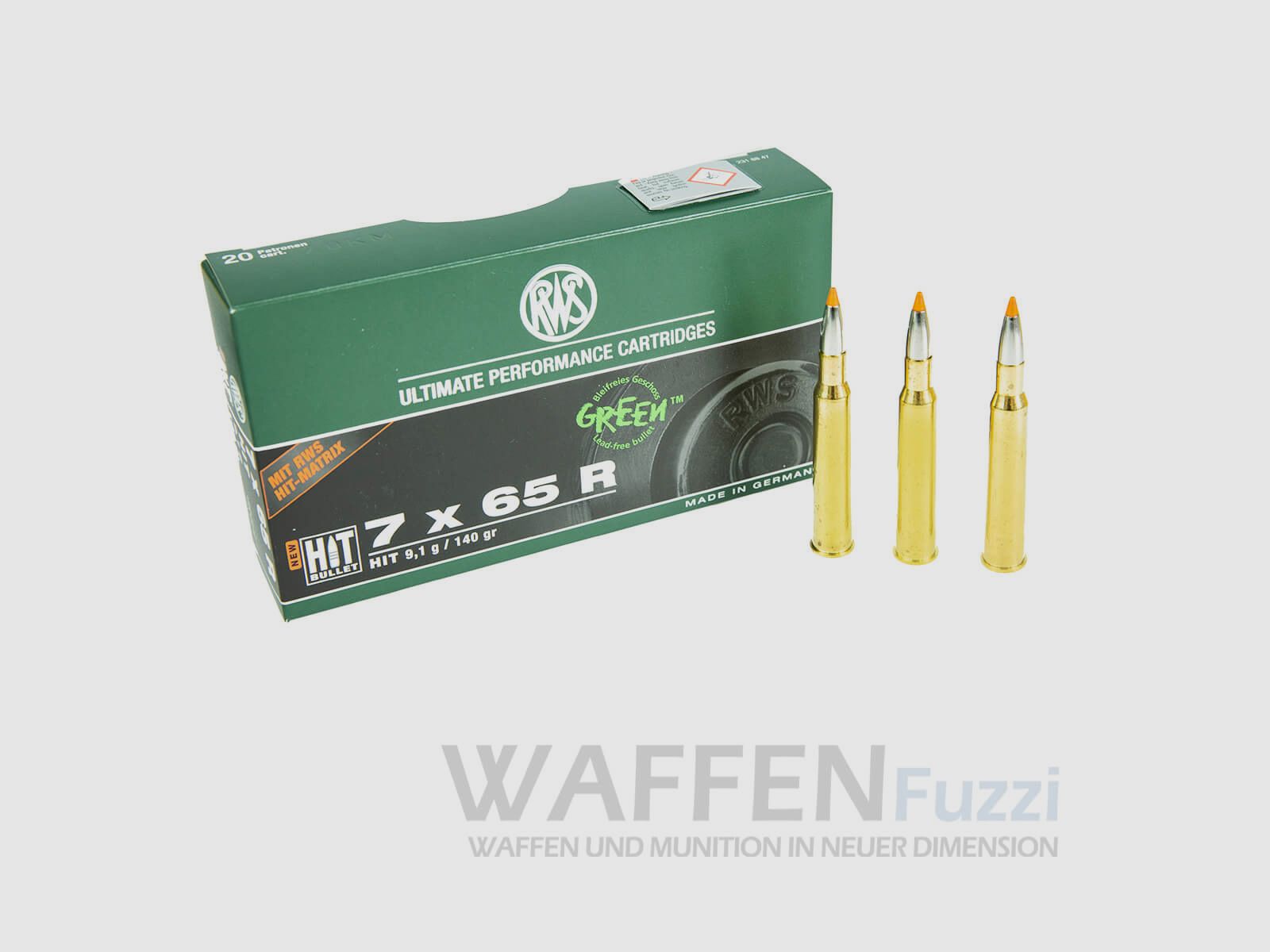 RWS rifle cartridges caliber 7x65R 140grs HIT GREEN