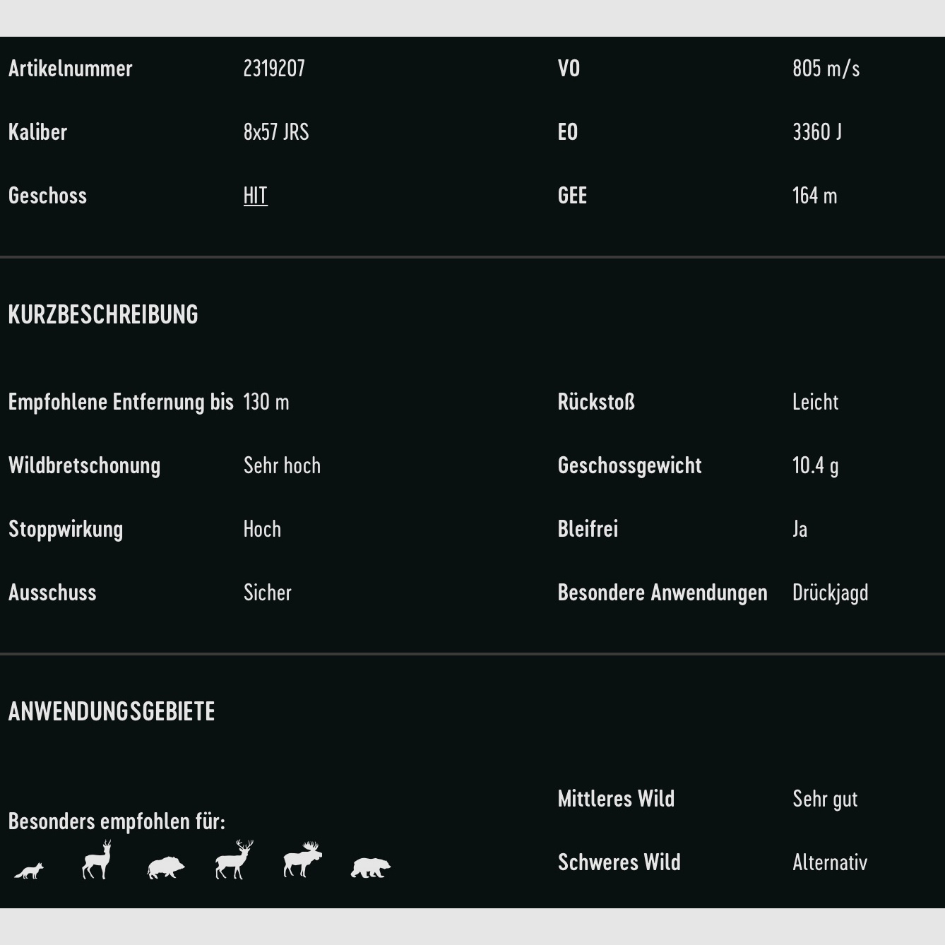 RWS 2319207 Büchsenpatronen 8x57 IRS HIT 10,4g 160grs. Bleifrei