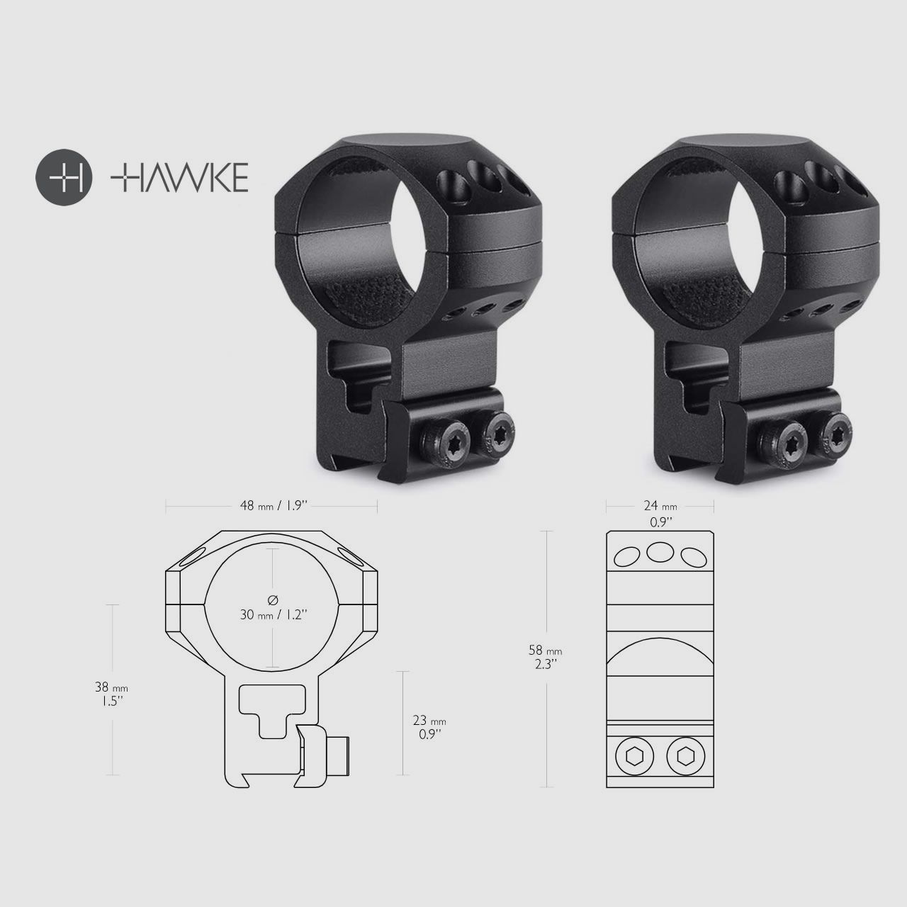 HAWKE Zielfernrohrmontage, Ringmontage (Paar), 9-11 mm Schiene, 30 mm Durchmesser, Alu, extra-hoch