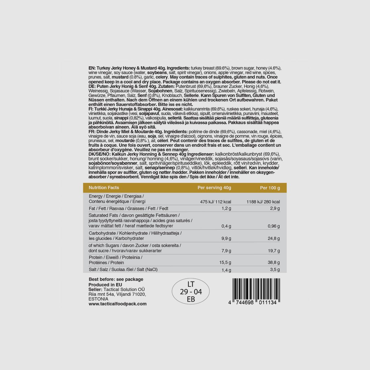 TACTICAL FOODPACK Turkey Jerky Honey & Mustard 40g