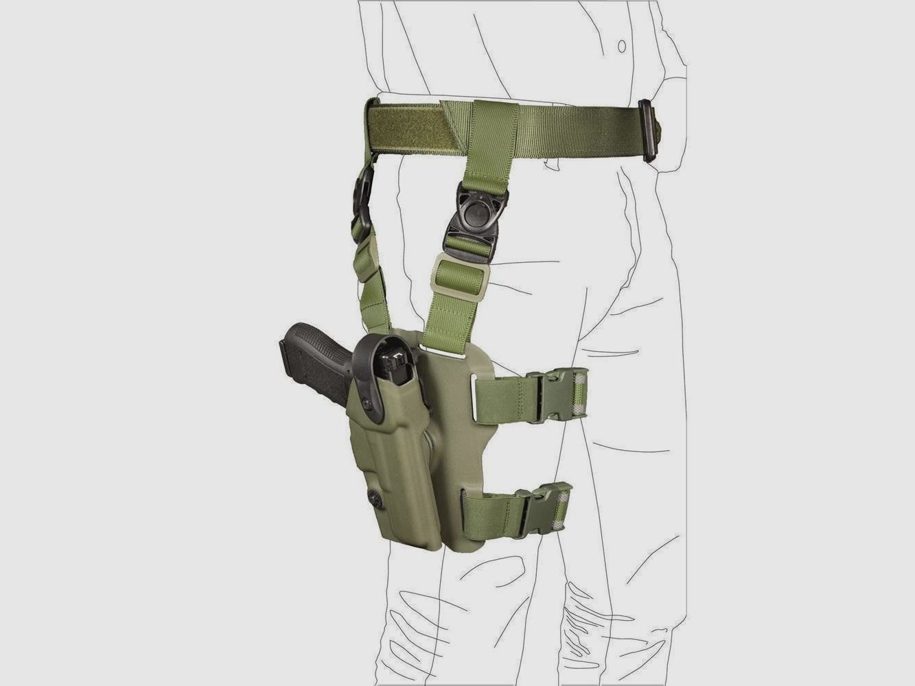 Taktisches Oberschenkelholster "LAND" mit Sicherheitslevel I Colt 1911 / Government,Para Ordnance P14/P16,Sig Sauer 1911,S&W 1911,Springfield 1911-OD Green-Rechtshänder