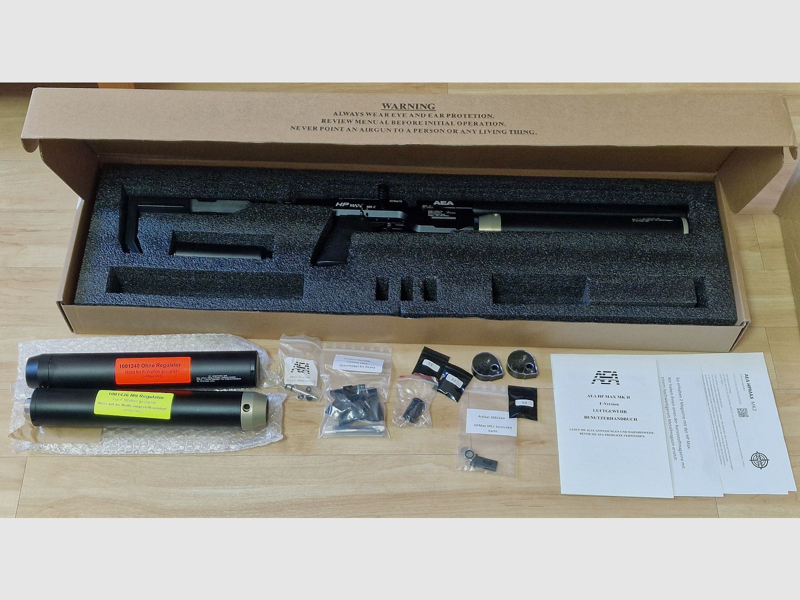 AEA HP Max MK2 con accesorios, silenciador HPMAX, tanques de aire comprimido, cargadores, silenciador