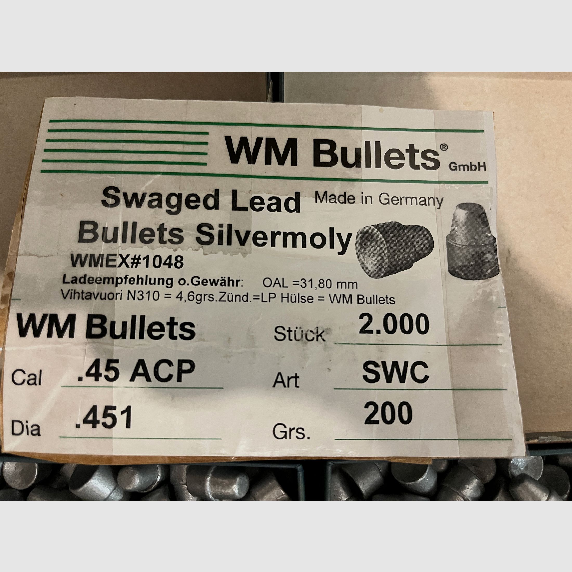 1000 Stück Geschosse 45 ACP WM Bullet SWC mit Silvermoly-Beschichtung