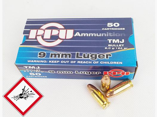 PPU cartouche de pistolet 9mm Luger 124grs VM - TMJ projectile encapsulé