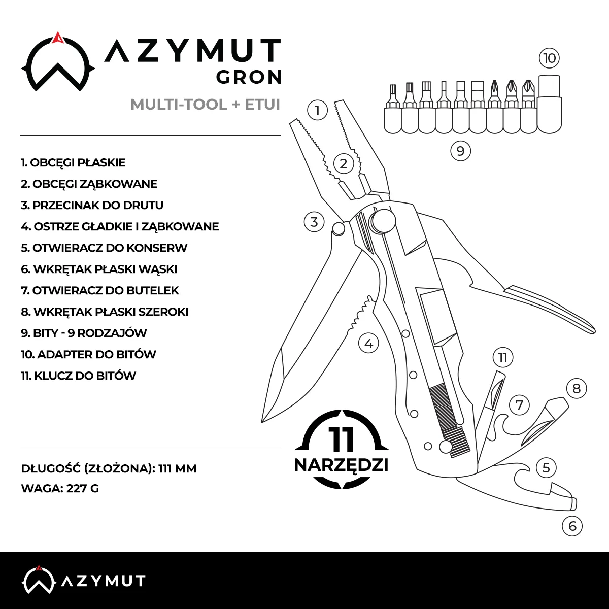 2x Multitool AZYMUT Gron - 11 narzędzi + 9 bitów + kabura (H-P224052), zdjęcie 18 z 18