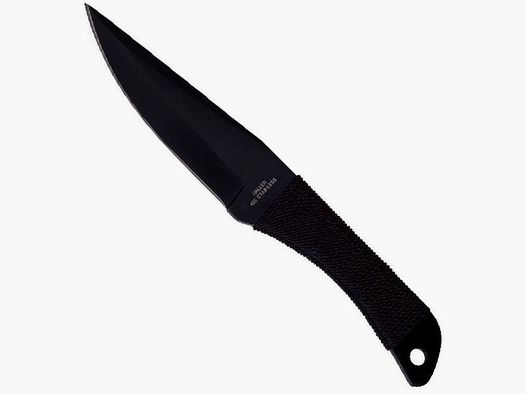 Cuchillo de lanzamiento negro con empuñadura de cordel y hoja asimétrica